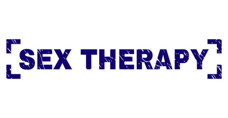 SEX THERAPY text seal stamp with grunge texture. Text label is placed inside corners. Blue vector rubber print of SEX THERAPY with grunge texture.