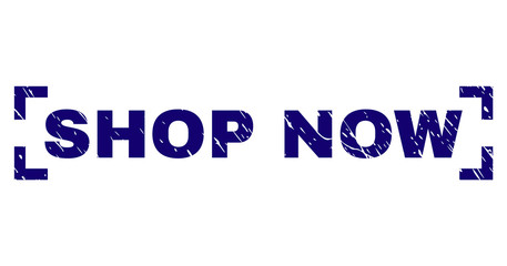 SHOP NOW text seal imprint with grunge texture. Text caption is placed inside corners. Blue vector rubber print of SHOP NOW with grunge texture.
