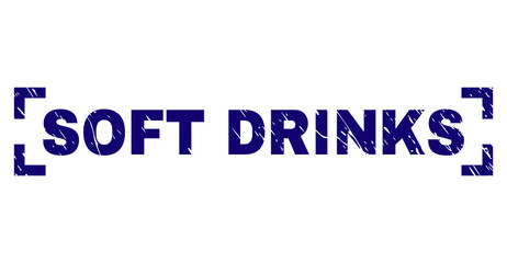 SOFT DRINKS text seal imprint with grunge texture. Text caption is placed inside corners. Blue vector rubber print of SOFT DRINKS with dust texture.