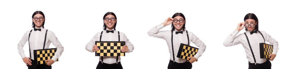 Funny man with chessboard isolated on white