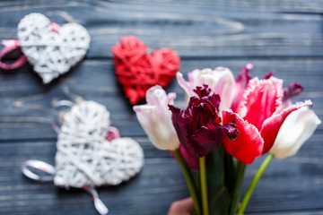 Colorful tulips close up in hands on the gray wooden table. Valentines, spring, Womans day, Mothers day background. Floral mock up with copyspace, top view