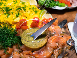 Scandinavian smorgasbord with gravlax and mustard sauce