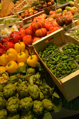 Colourful fruit and vegetable market stall in Boqueria market in Barcelona, Spain