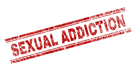 SEXUAL ADDICTION seal print with grunge texture. Red vector rubber print of SEXUAL ADDICTION caption with dirty texture. Text caption is placed between double parallel lines.