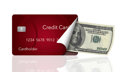 A credit card is peeled back to reveal a one hundred dollar bill inside. This illustrates carrying a card instead of cash or any other discussion of card vs. cash.