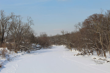 Snow covers a frozen Des Plaines River