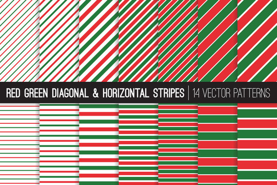 Christmas Red, Green and White Diagonal and Horizontal Stripes Vector Patterns. Xmas Three Color Striped Minimal Backgrounds. Variable Thickness Lines. Pattern Tile Swatches Included.