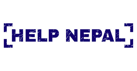 HELP NEPAL title seal watermark with distress style. Text title is placed inside corners. Blue vector rubber print of HELP NEPAL with grunge texture.