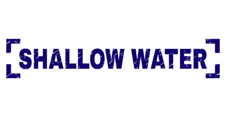 SHALLOW WATER title seal print with corroded texture. Text label is placed inside corners. Blue vector rubber print of SHALLOW WATER with retro texture.