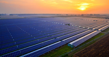 Solar photovoltaic roof panel in the sunset