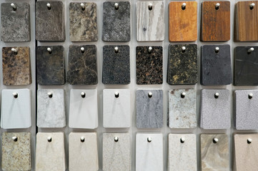 hanging granite color and pattern sample cards in the store
