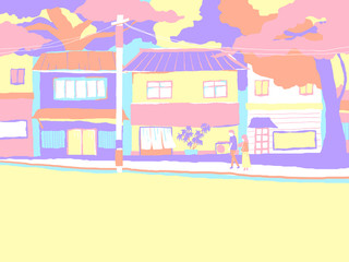 Japan urban landscape, a couple walking on street with many shops in background, colorful pastel theme