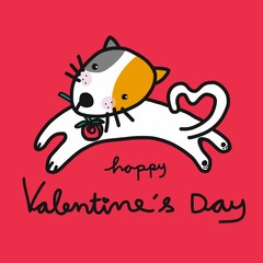 Cute cat cartoon and Happy valentine's day word vector illustration on red background
