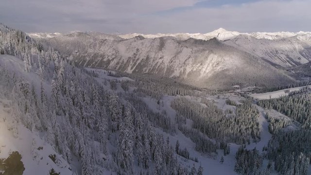 Mountain Valley Winter Extreme Sports Resort Aerial in Pacific Northwest