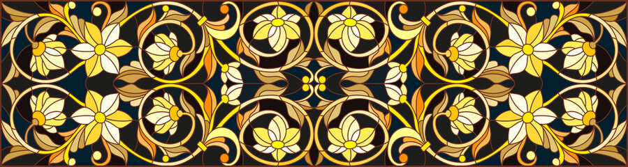 Naklejki  Ilustracja w stylu witrażu z kwiatowym ornamentem, imitacja złota na ciemnym tle z zawijasami i motywami kwiatowymi