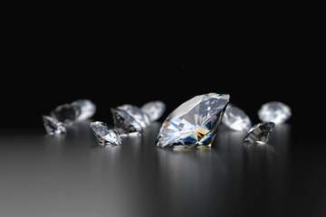 Realistic group of diamond isolated on black background, 3D illustration