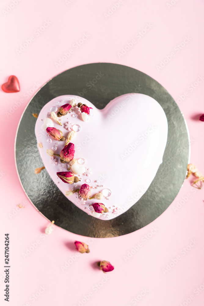 Wall mural cake with berries in the shape of heart on valentine's day