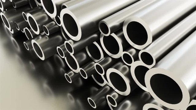 Rolled round metal industrial shiny tubes background, 3d rendering of metallic objects, shaped tubes with shining