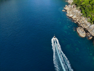 wakeboard sport in aerial view.  Beautiful sea landscape. Phuket. Thailand