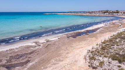 Sa Rapita, Mallorca Spain. Amazing drone aerial landscape of the charming Es Rapita beach and turquoise sea