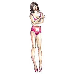 Woman in lingerie sketch glamour illustration in a watercolor style isolated element. Watercolour background set.