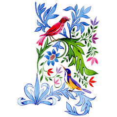 Obraz premium Flowers ornament with birds. Watercolor background set. Isolated ornament illustration element.