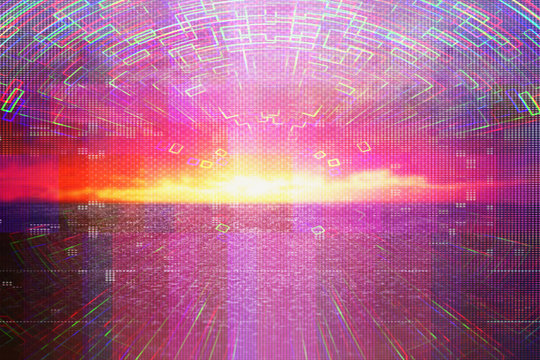 Futuristic background of the 80s retro style. Digital or Cyber Surface. neon lights and geometric pattern , test screen glitch