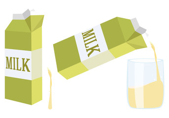 黄色い牛乳パックと注がれるコップ Milk carton. Cup of milk