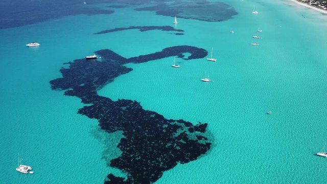 Amazing drone aerial landscape of the charming beach Es Trencs and the boats with a turquoise sea. It has earned the reputation of Caribbean beach of Mallorca. Spain