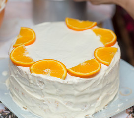 fruit cake with milk cream and fruit