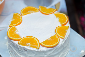 fruit cake with milk cream and fruit