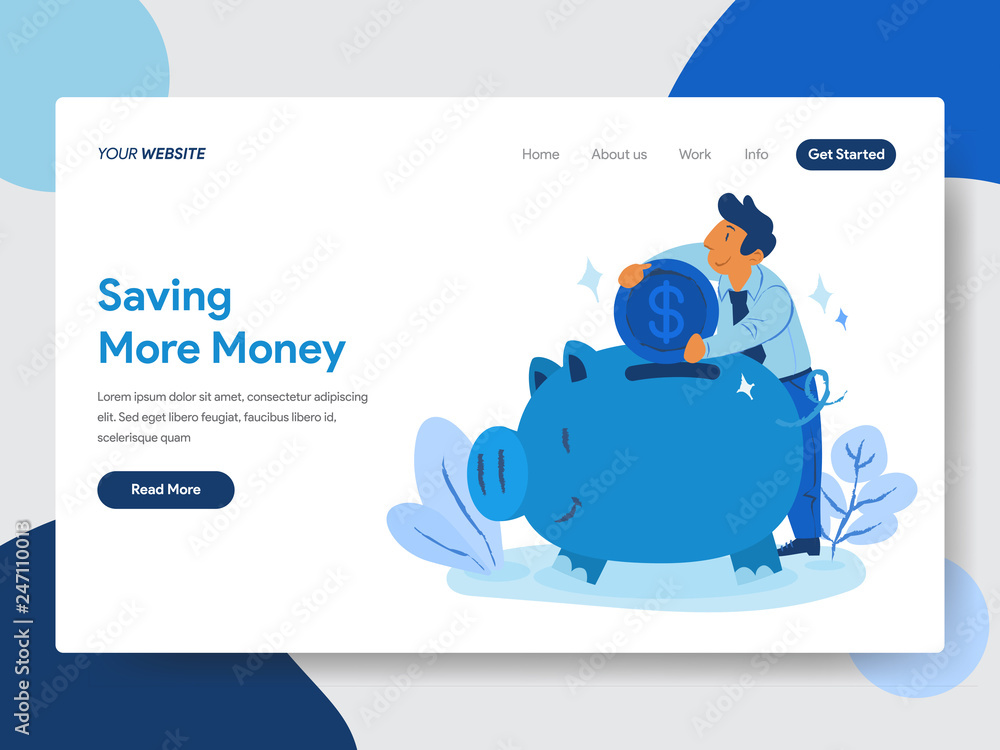 Poster landing page template of save money with piggy bank illustration concept. modern flat design concept