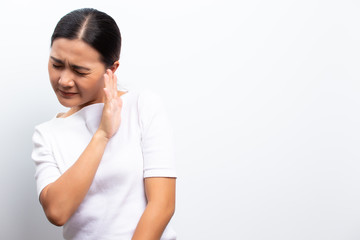 Scared woman standing isolated over white background