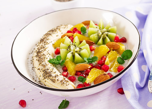 Fitness food. Delicious and healthy chia pudding with banana, kiwi and chia seeds. Healthy breakfast. Fitness food. Proper nutrition.
