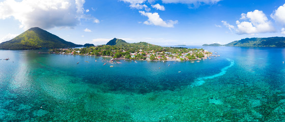 Aerial view Banda Islands Moluccas archipelago Indonesia, Pulau Gunung Api, lava flows, coral reef...