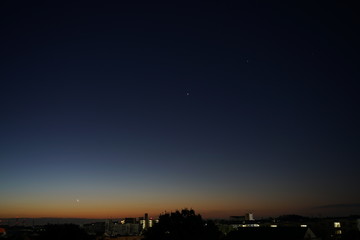 Tokyo,Japan-February 3, 2019: (from left) The Moon with earthshine, Saturn, Venus and Jupiter at daybreak 
