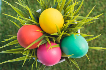 Top view of Easter eggs clean in grass on green  background