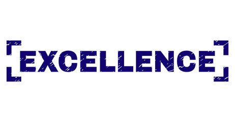 EXCELLENCE text seal stamp with grunge texture. Text caption is placed inside corners. Blue vector rubber print of EXCELLENCE with grunge texture.