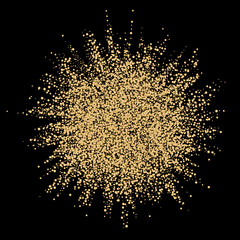 Abstract gold explosion on dark background. Golden glitter powder banner on black background. Colored cloud. Gold dust explode.