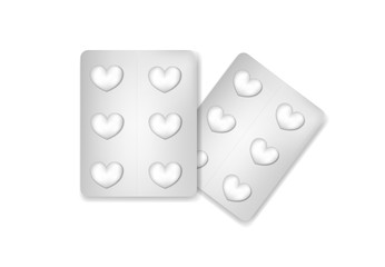 Pills in the blister pack in the shape of a heart. Isolated on a white background. Valentines day. Vector background.