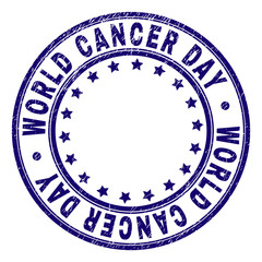 WORLD CANCER DAY stamp seal imprint with distress texture. Designed with circles and stars. Blue vector rubber print of WORLD CANCER DAY text with scratched texture.