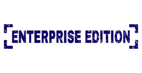 ENTERPRISE EDITION tag seal print with distress texture. Text tag is placed between corners. Blue vector rubber print of ENTERPRISE EDITION with dust texture.