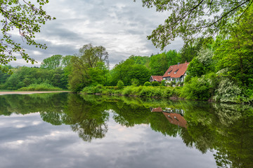 Obraz premium Pond in Teutoburg Forest nearby Externsteine rocks, Germany