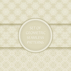 Compilation of geometric seamless patterns. White designs on olive green background