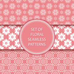 Pink and white floral seamless patterns. Compilation of designs with flowers