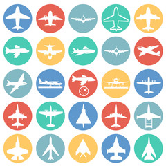 Fototapeta premium Airplane icons on color circles white background for graphic and web design, Modern simple vector sign. Internet concept. Trendy symbol for website design web button or mobile app
