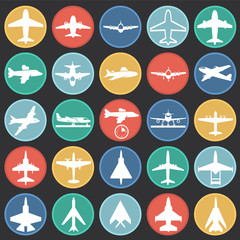 Airplane icons on color circles black background for graphic and web design, Modern simple vector sign. Internet concept. Trendy symbol for website design web button or mobile app