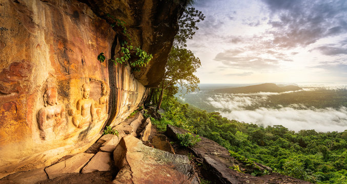 THE MILLION YEARS 3 FAIRIES CARVING UNDER THE CLIFF, Pha Mo I Daeng, Khao Phra Wihan National Park, sisaket, thailand.