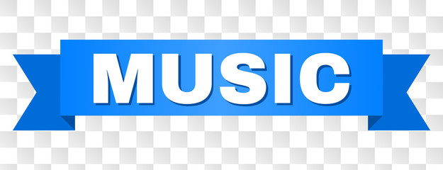 MUSIC text on a ribbon. Designed with white caption and blue stripe. Vector banner with MUSIC tag on a transparent background.