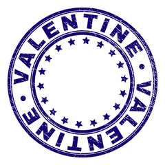 VALENTINE stamp seal imprint with grunge texture. Designed with round shapes and stars. Blue vector rubber print of VALENTINE tag with corroded texture.